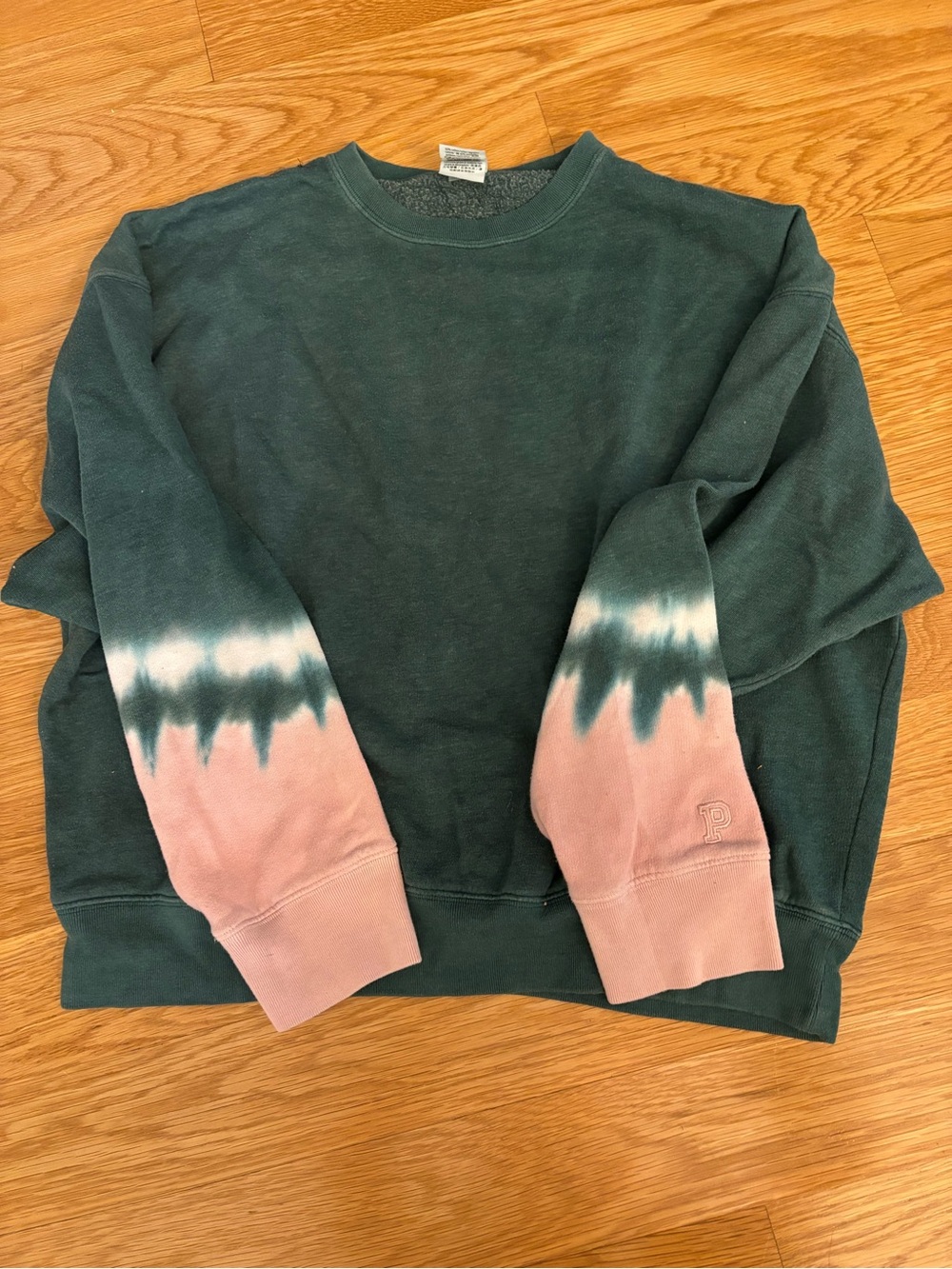 PINK Victoria's Secret Dark Green Crewneck with Pink Tie-Dye Sleeves